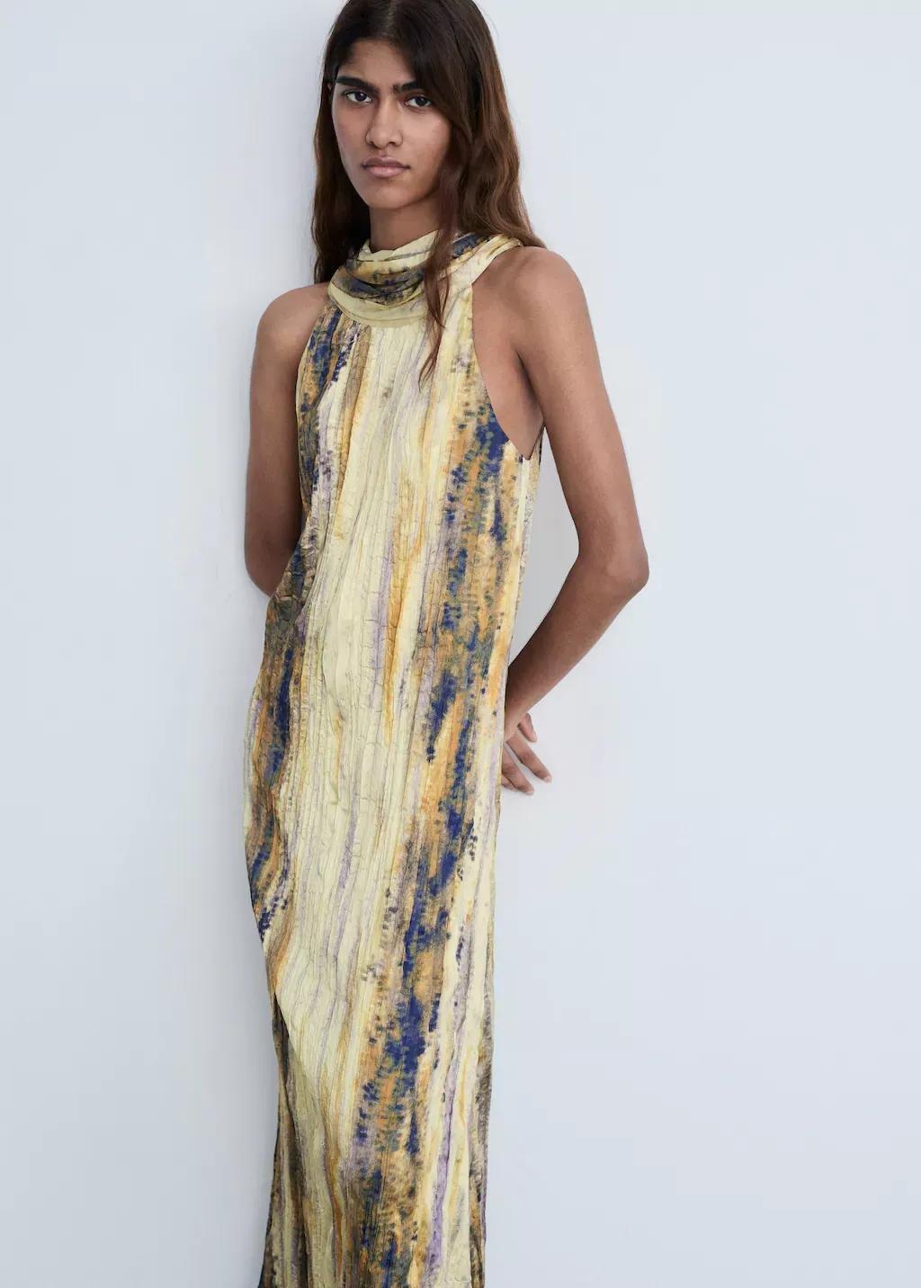 Yellow Long Satin Textured Dress, , medium