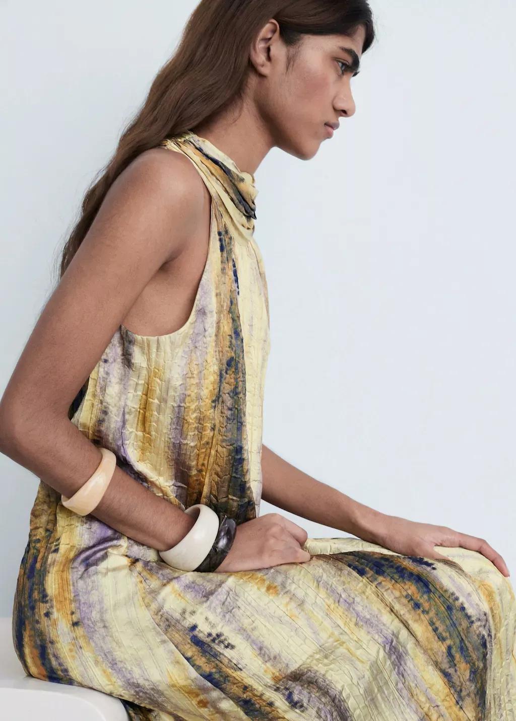 Yellow Long Satin Textured Dress, , large image number 3