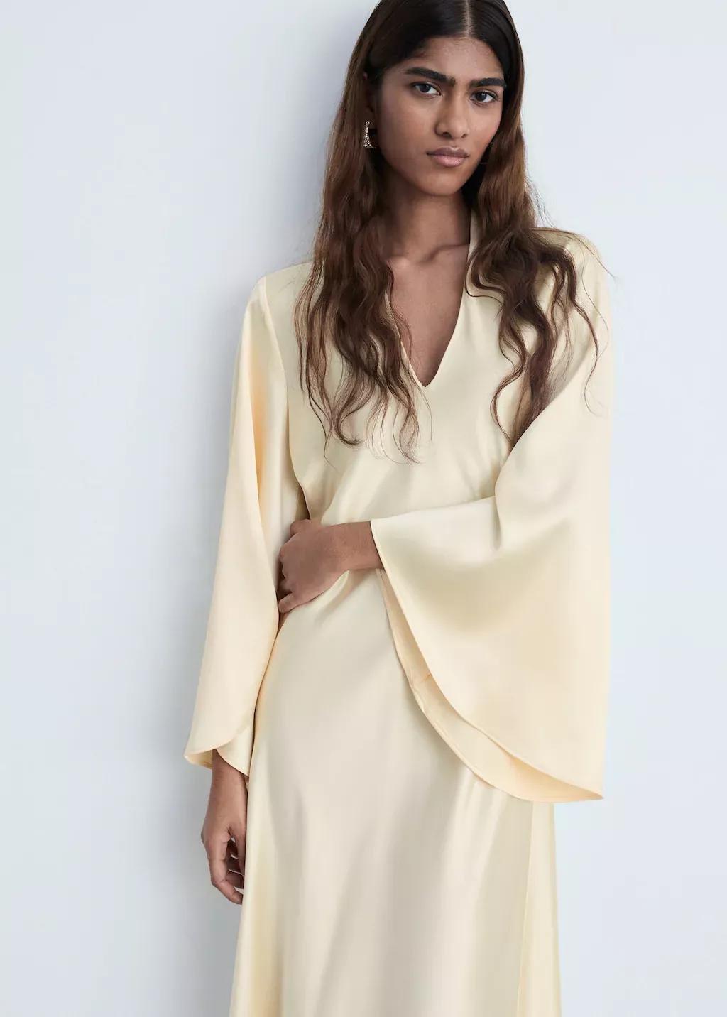 Gold V-Neck Dress With Flared Sleeves, , large image number 0
