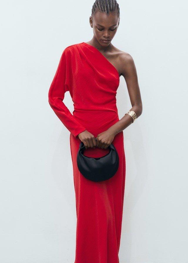 Red Draped Dress With Asymmetric Design, , medium