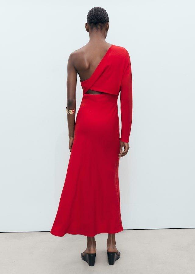 Red Draped Dress With Asymmetric Design, , large image number 1