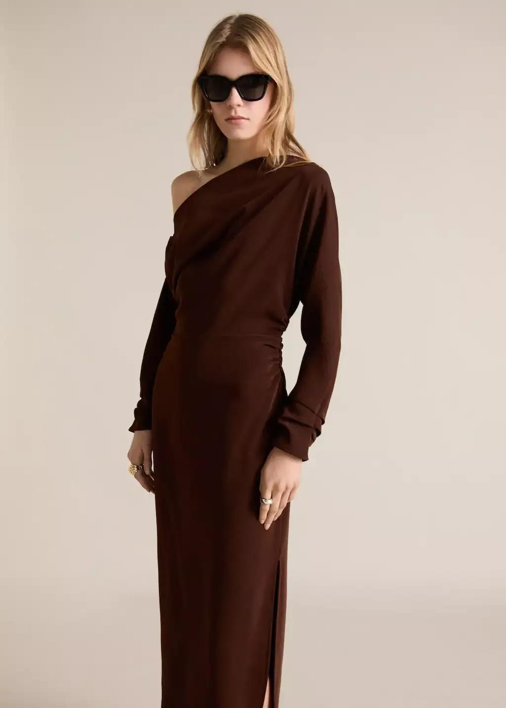 Brown Asymmetrical Dress With Gathered Sides, , large image number 3