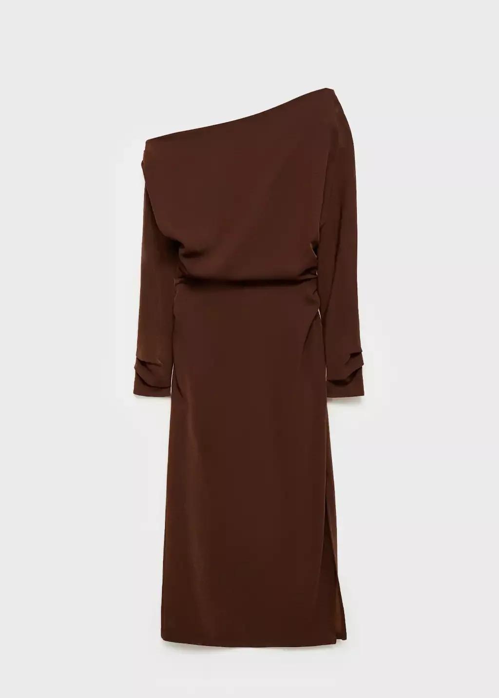 Brown Asymmetrical Dress With Gathered Sides, , large image number 4