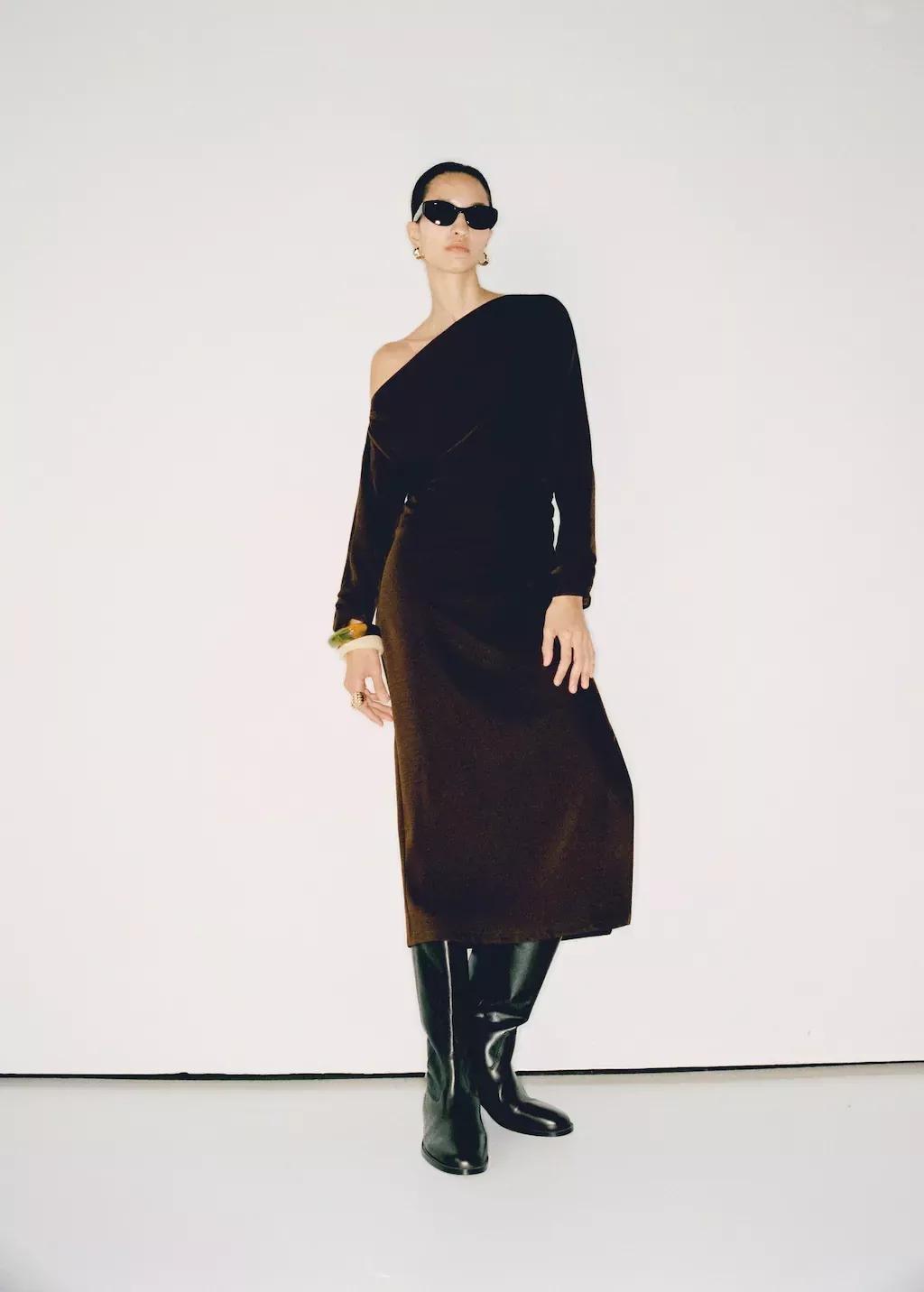 Brown Asymmetrical Dress With Gathered Sides, , large image number 6