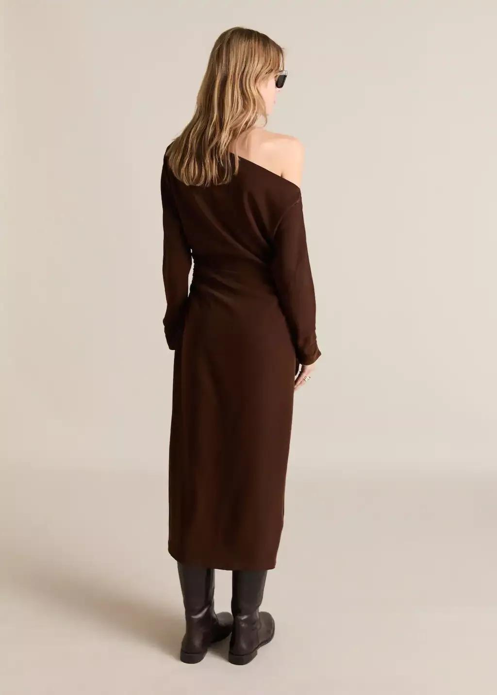 Brown Asymmetrical Dress With Gathered Sides, , large image number 7