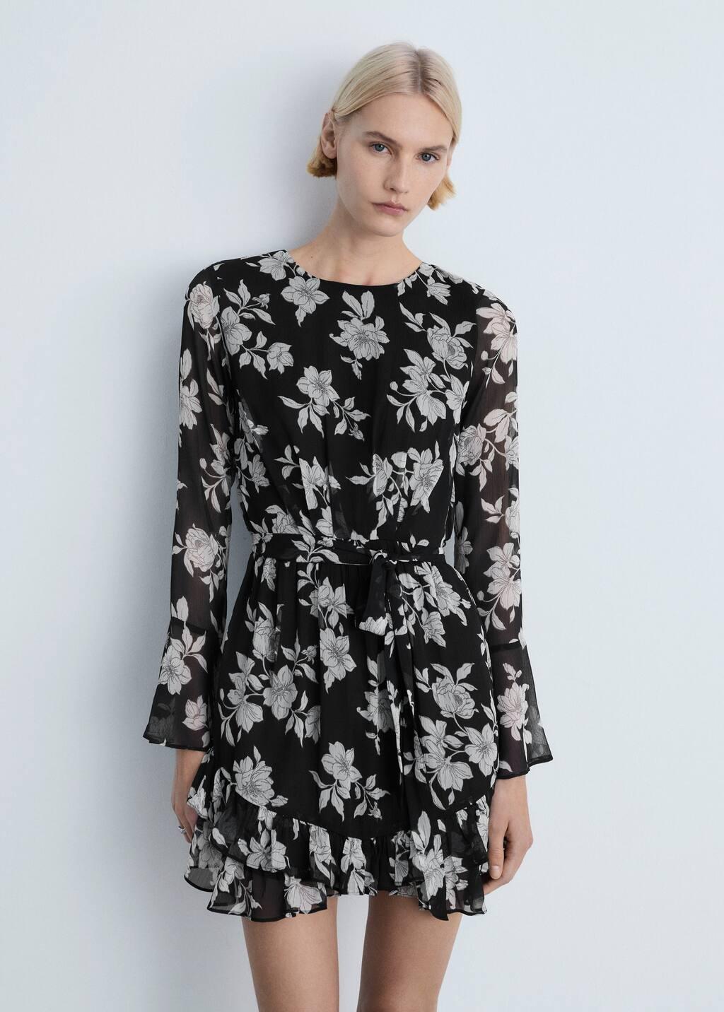 Black Ruffled Floral Print Dress, , large image number 0