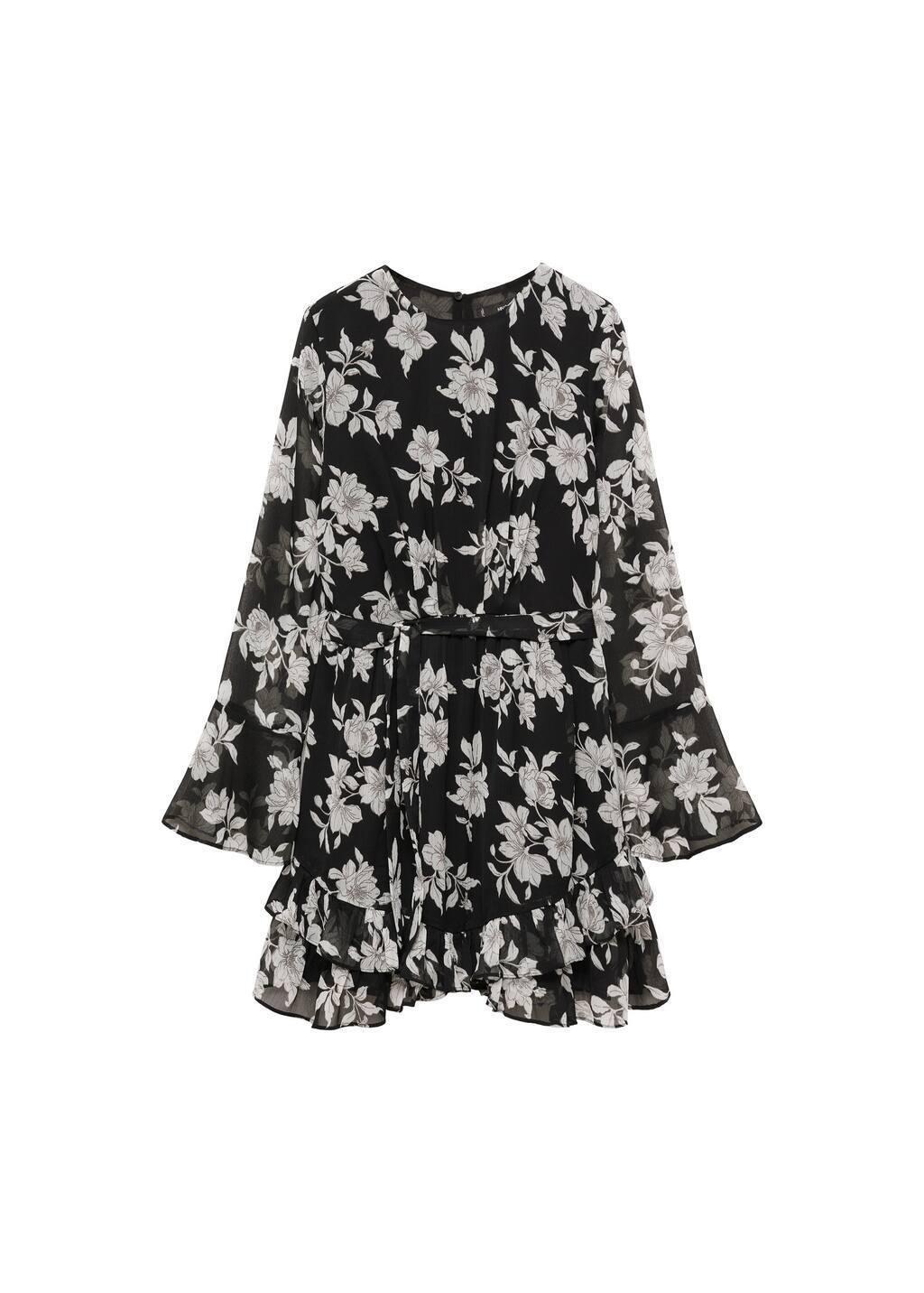Black Ruffled Floral Print Dress, , large image number 2