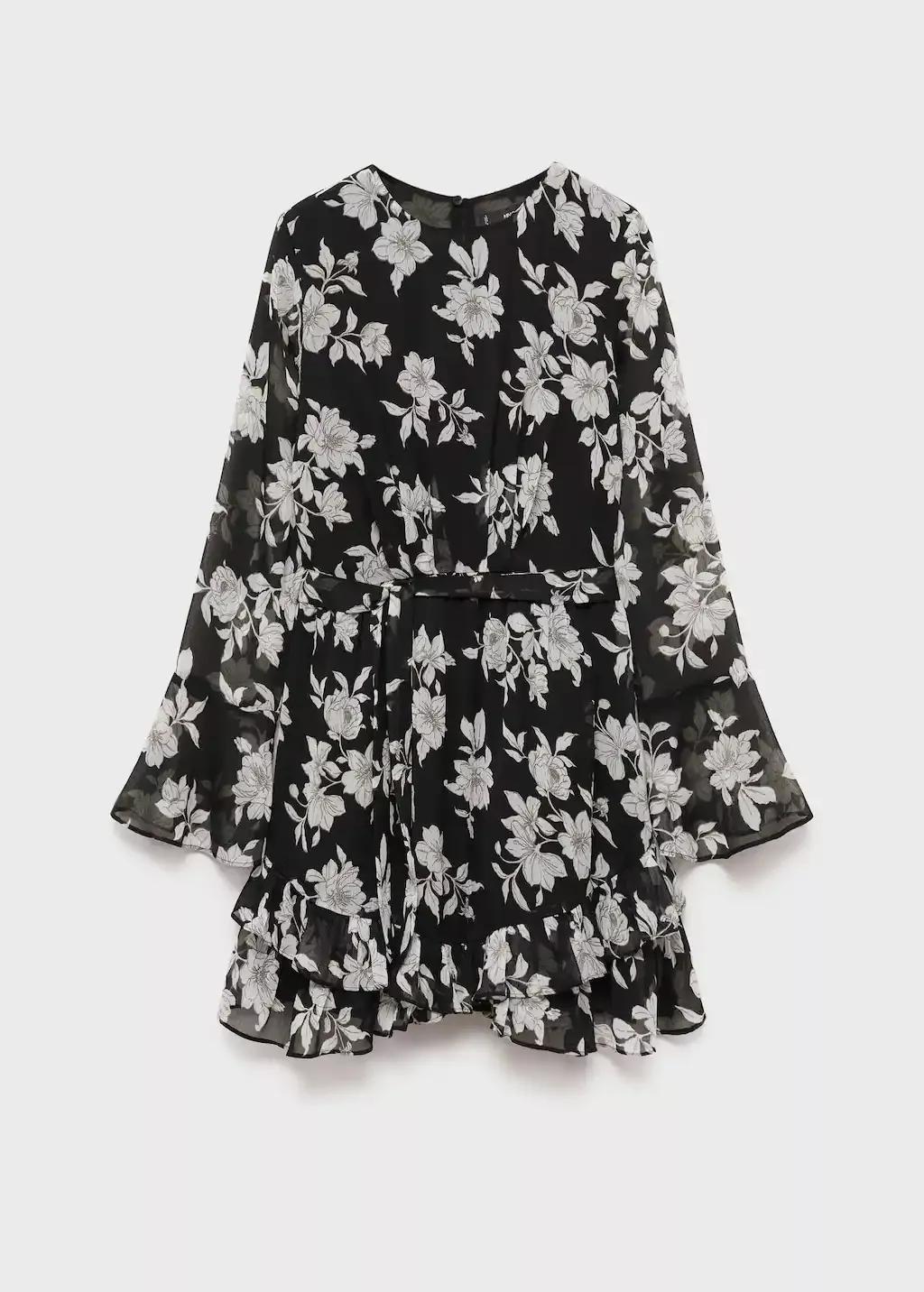Black Ruffled Floral Print Dress, , large image number 4