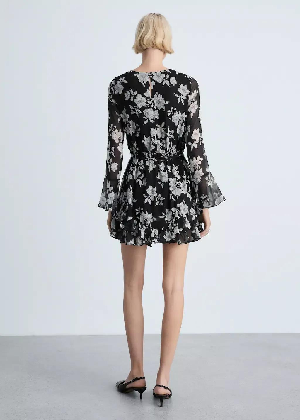 Black Ruffled Floral Print Dress, , large image number 6