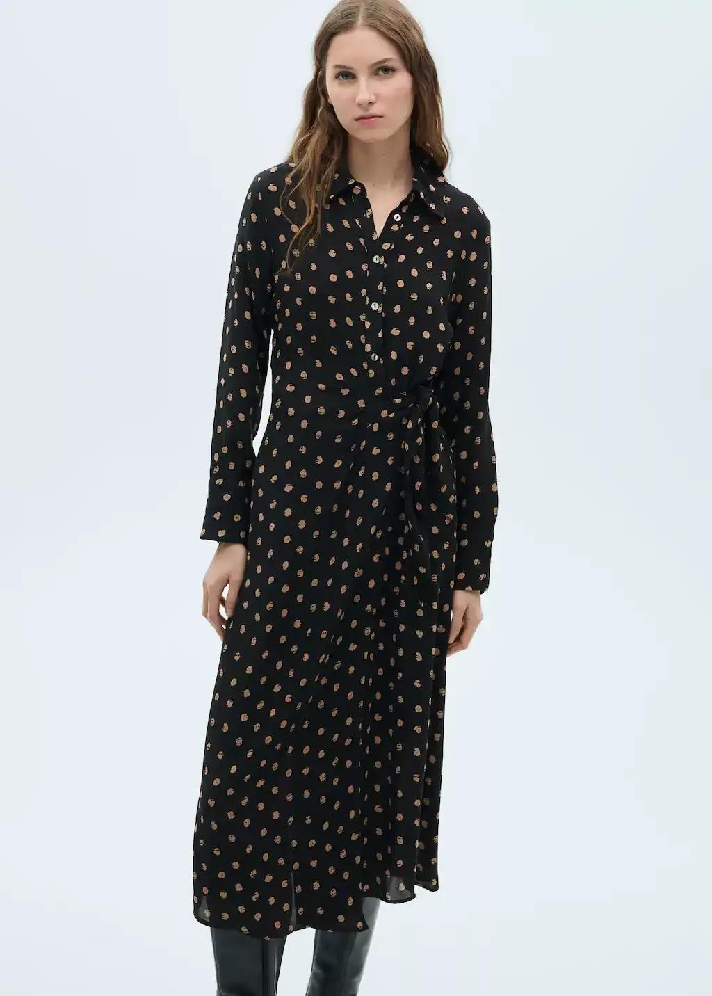 Black Polka Dot Shirt Dress With Knot Detail, , medium