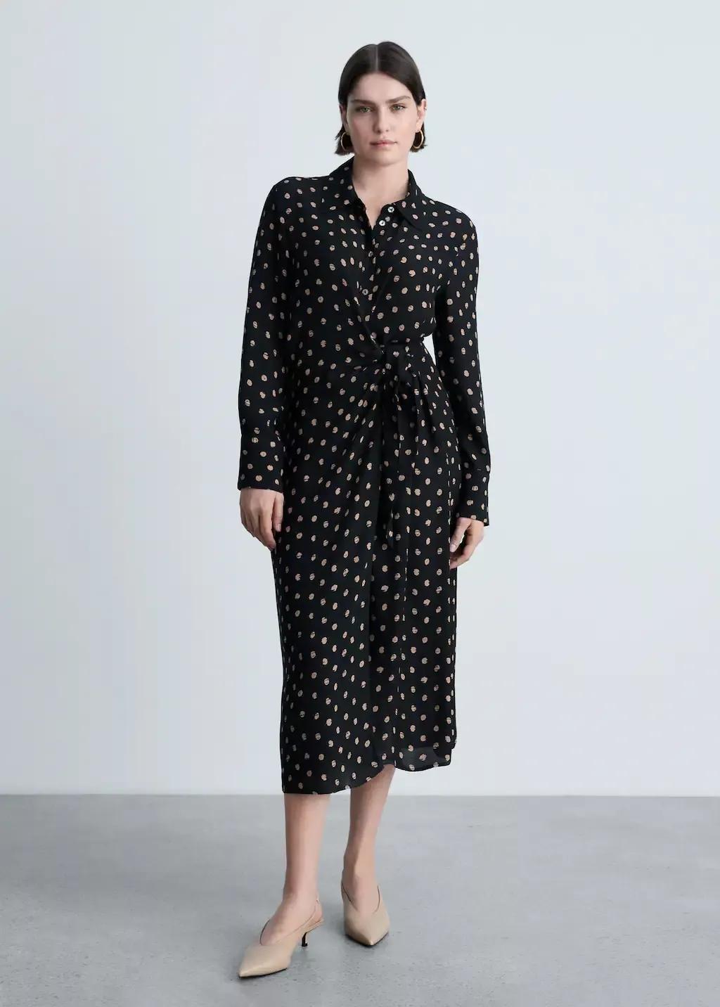 Black Polka Dot Shirt Dress With Knot Detail, , large image number 4