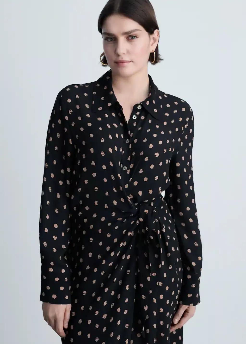 Black Polka Dot Shirt Dress With Knot Detail, , large image number 7