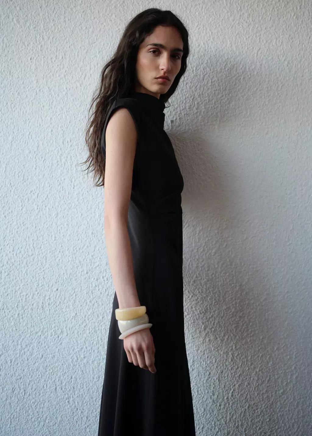 Black A-Line Dress With Draped Waist, , large image number 0