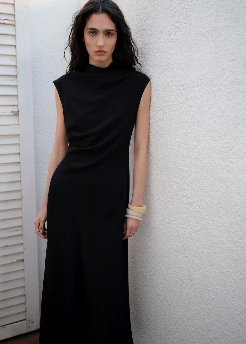 Black A-Line Dress With Draped Waist, , large image number 1