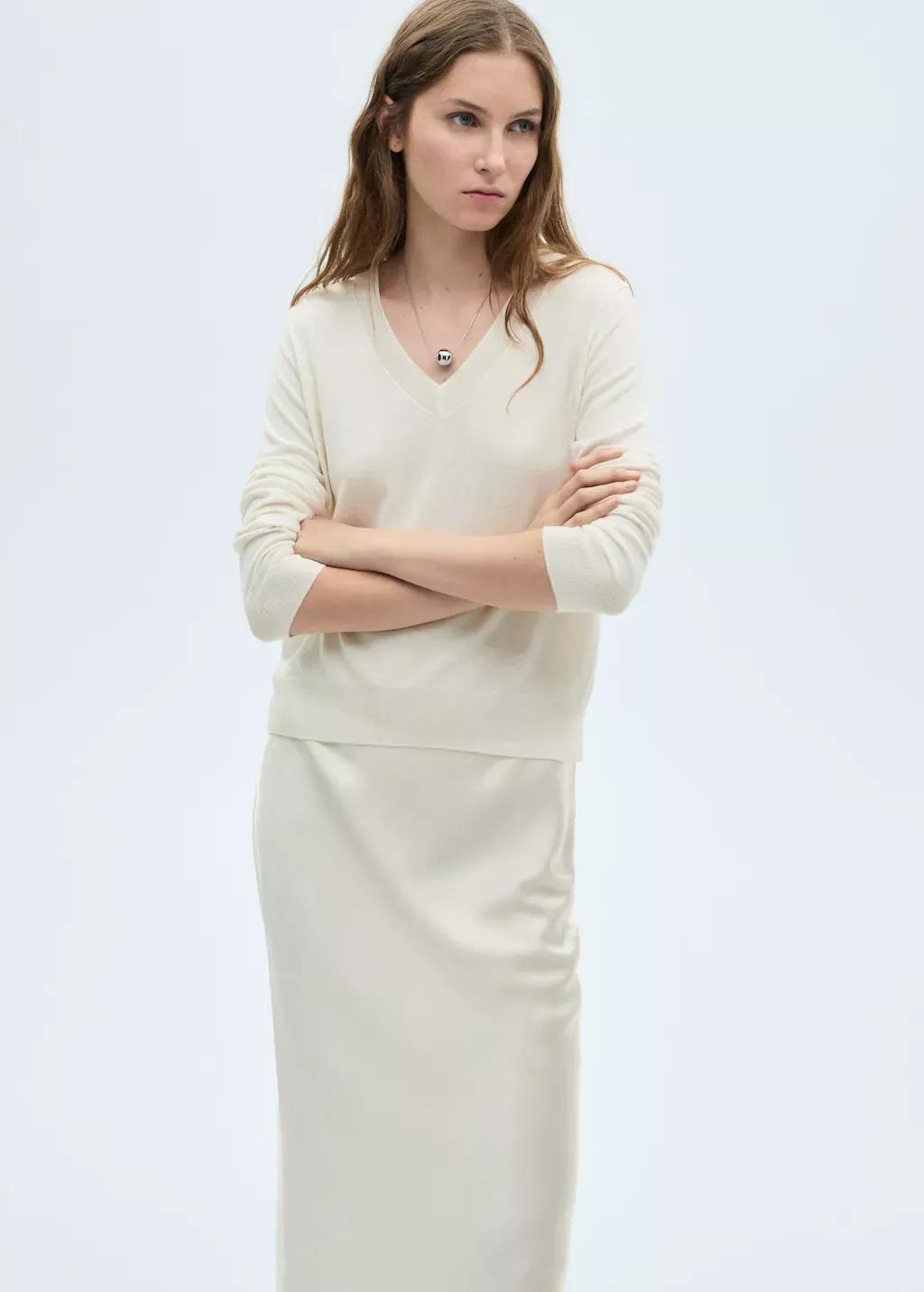 Beige V-Neck Knit Sweater, , large image number 0