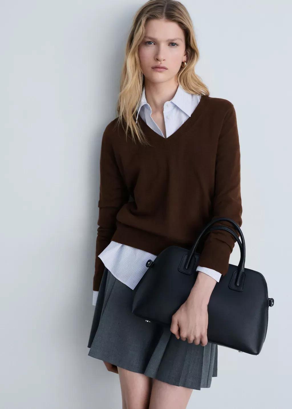 Brown V-Neck Knit Sweater, , large image number 0