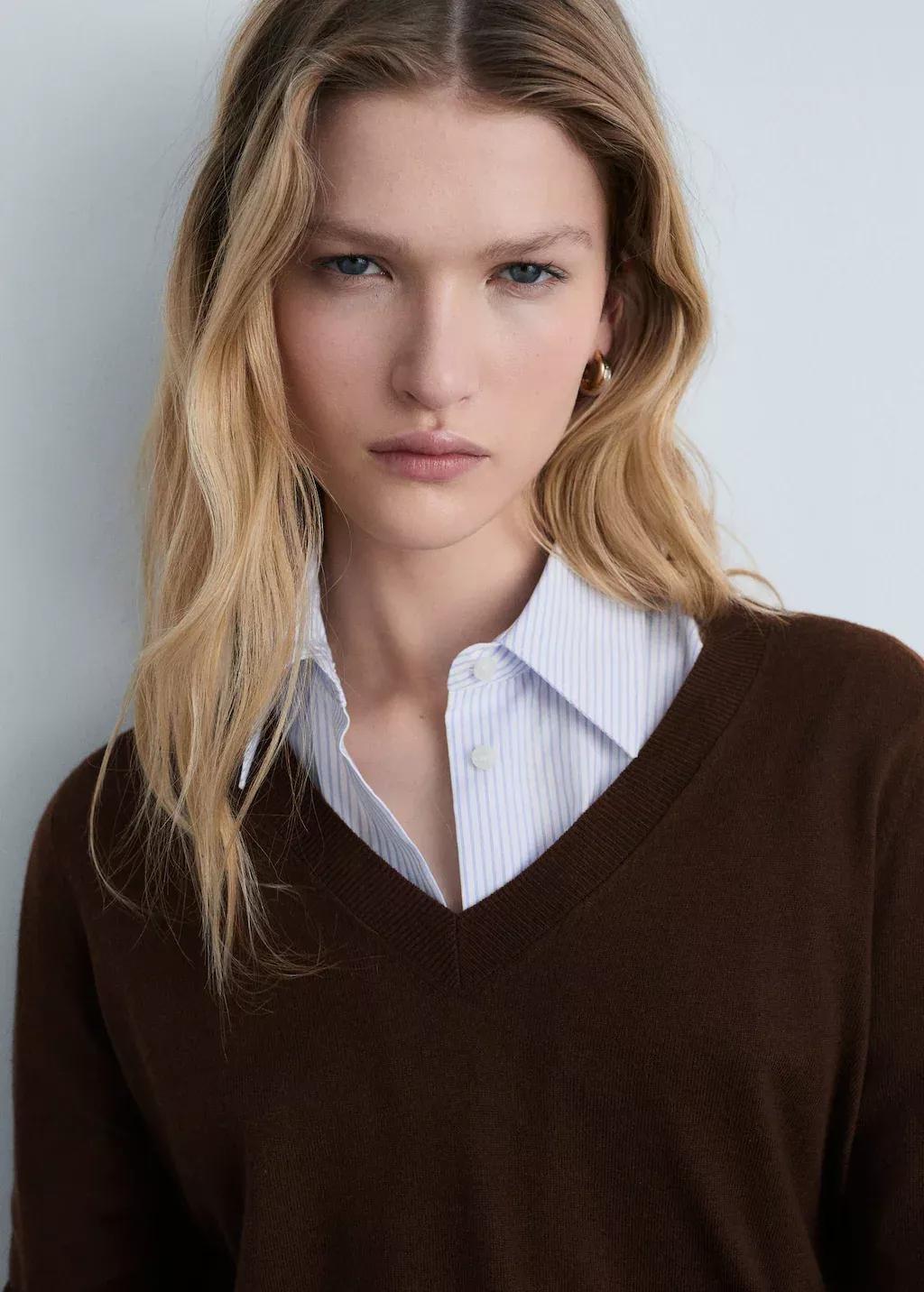 Brown V-Neck Knit Sweater, , large image number 1