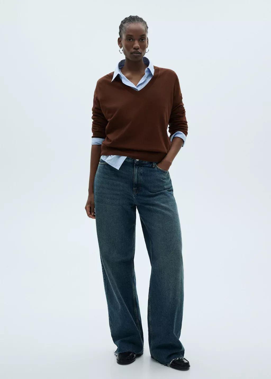 Brown V-Neck Knit Sweater, , large image number 3