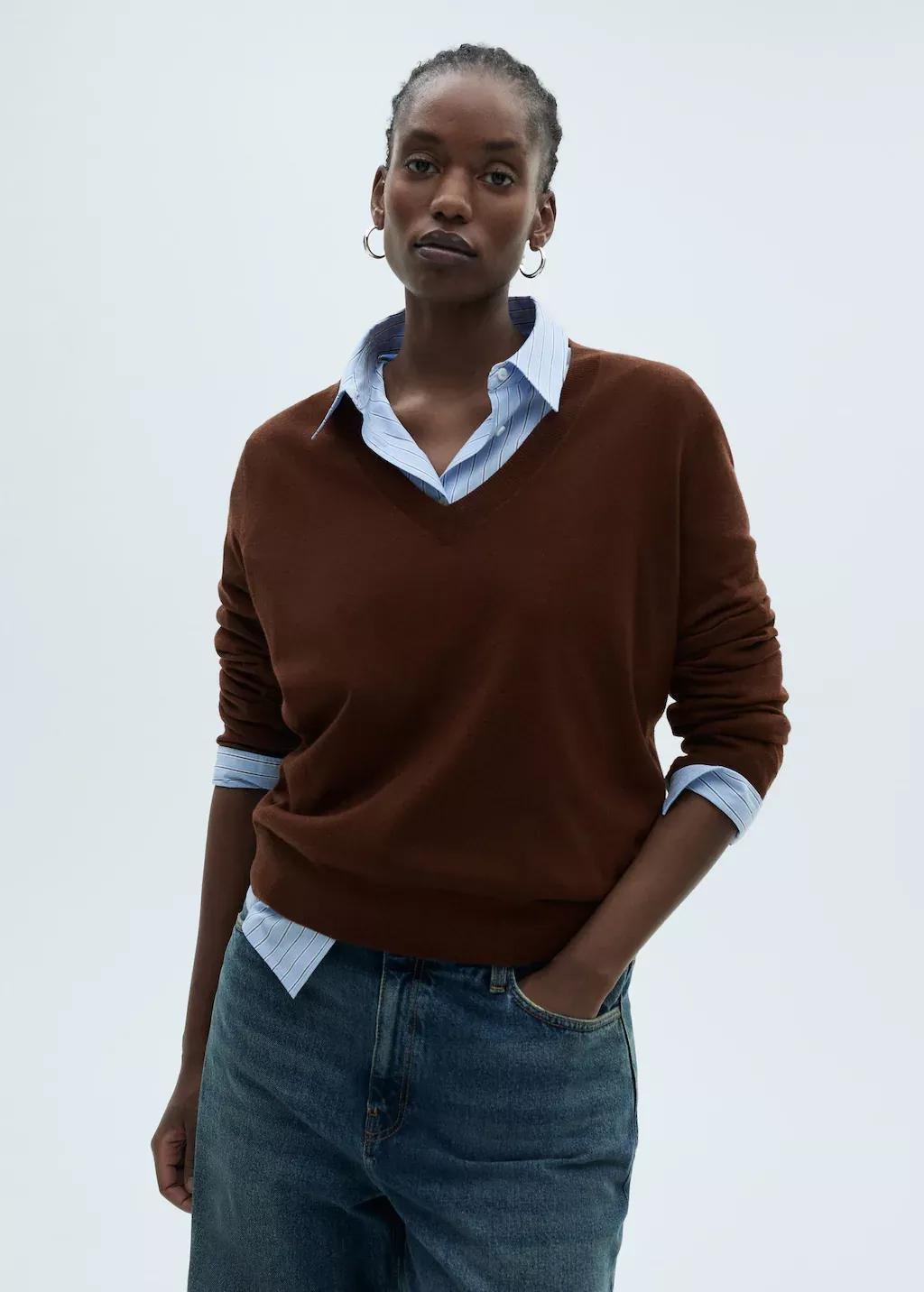 Brown V-Neck Knit Sweater, , large image number 6