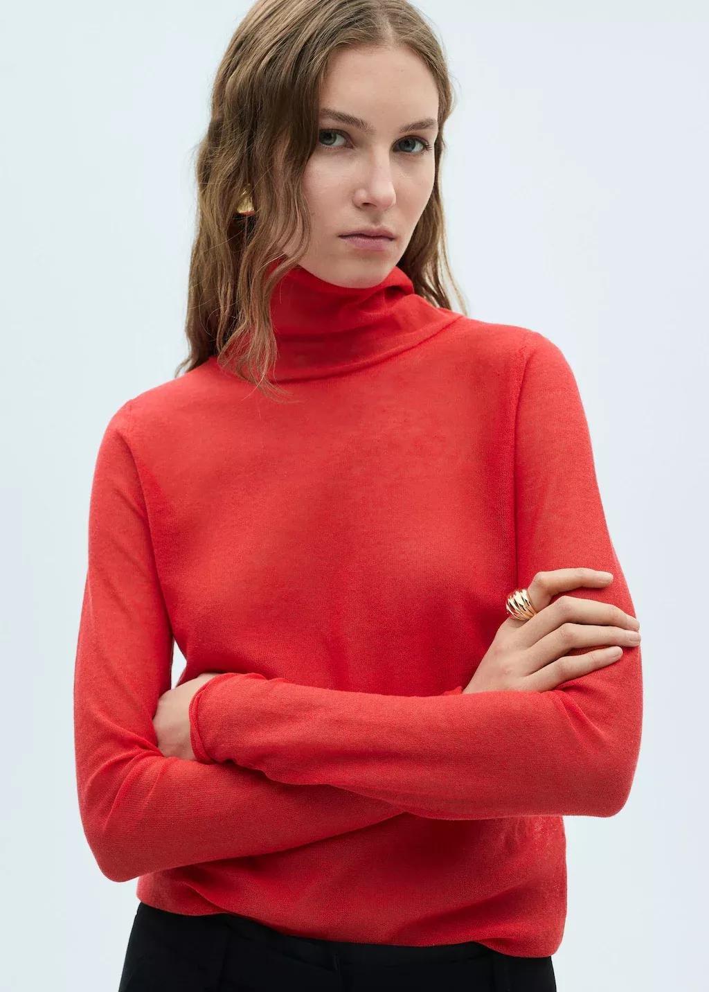 Red Semi-Transparent Turtleneck Sweater, , large image number 0