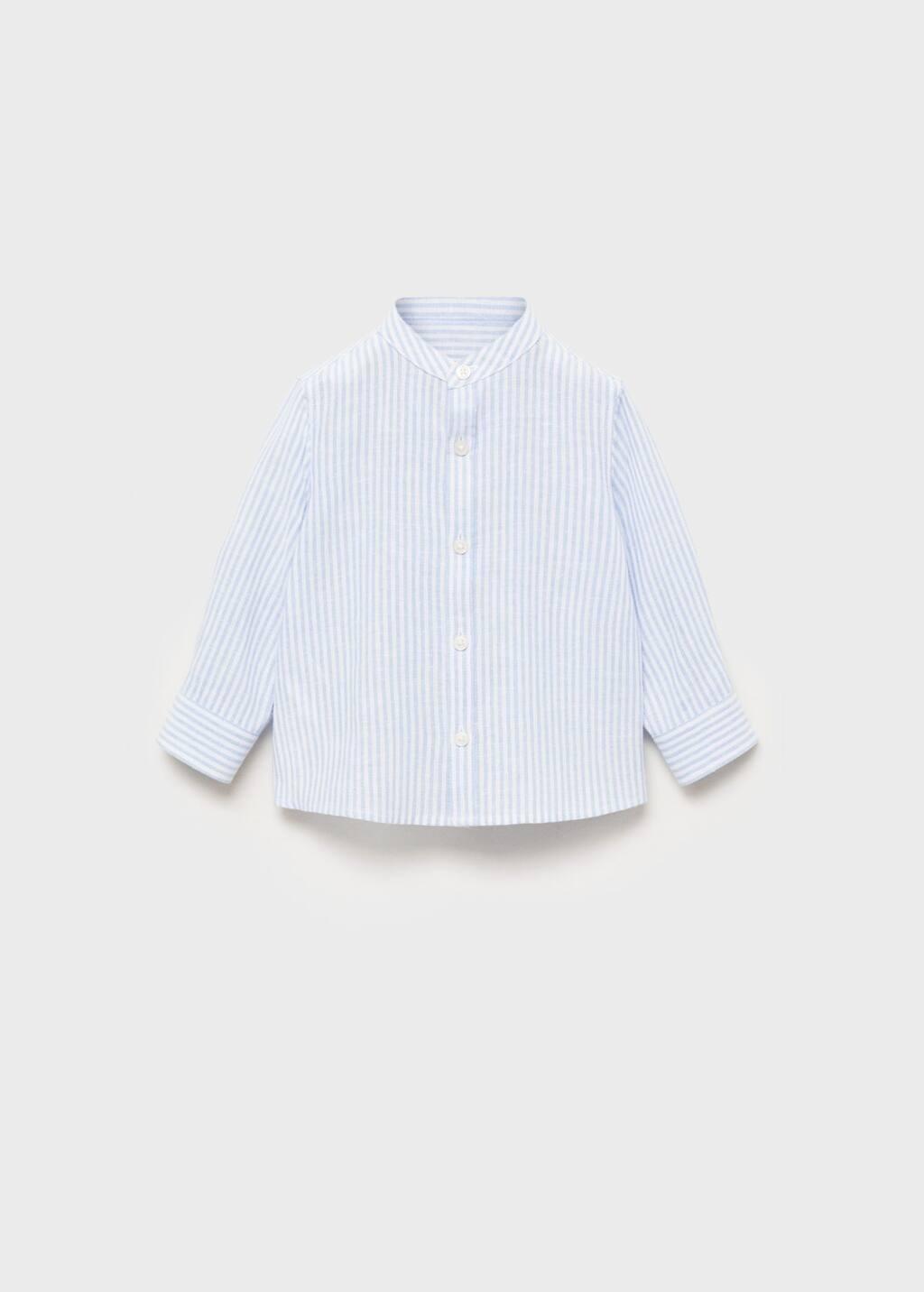 Blue Striped Mandarin-Collar Linen Shirt, Baby Boy, , medium
