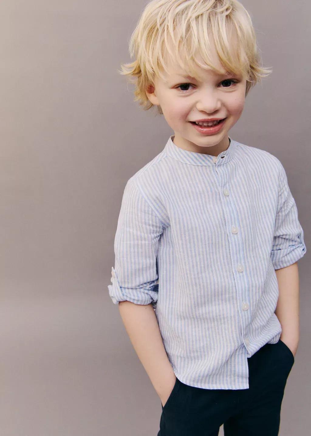 Blue Striped Mandarin-Collar Linen Shirt, Baby Boy, , large image number 3