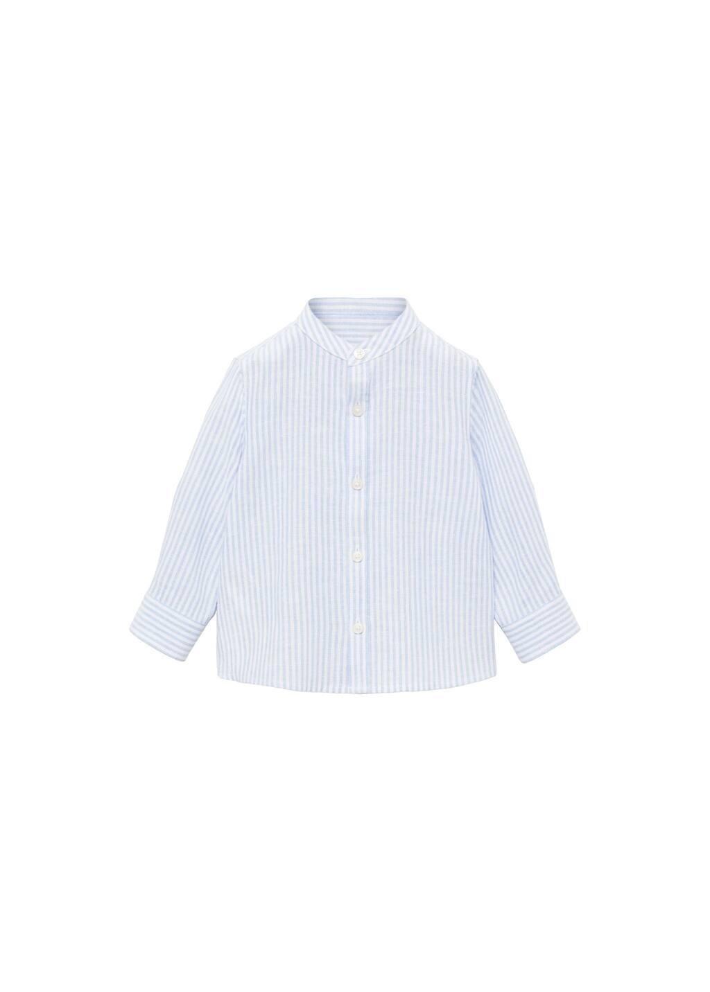 Blue Striped Mandarin-Collar Linen Shirt, Baby Boy, , large image number 4