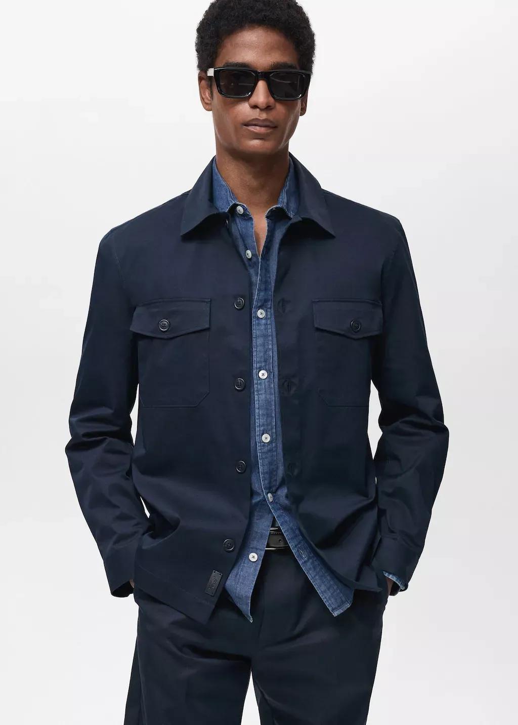 Navy Regular-Fit Cotton Overshirt With Pockets, , medium