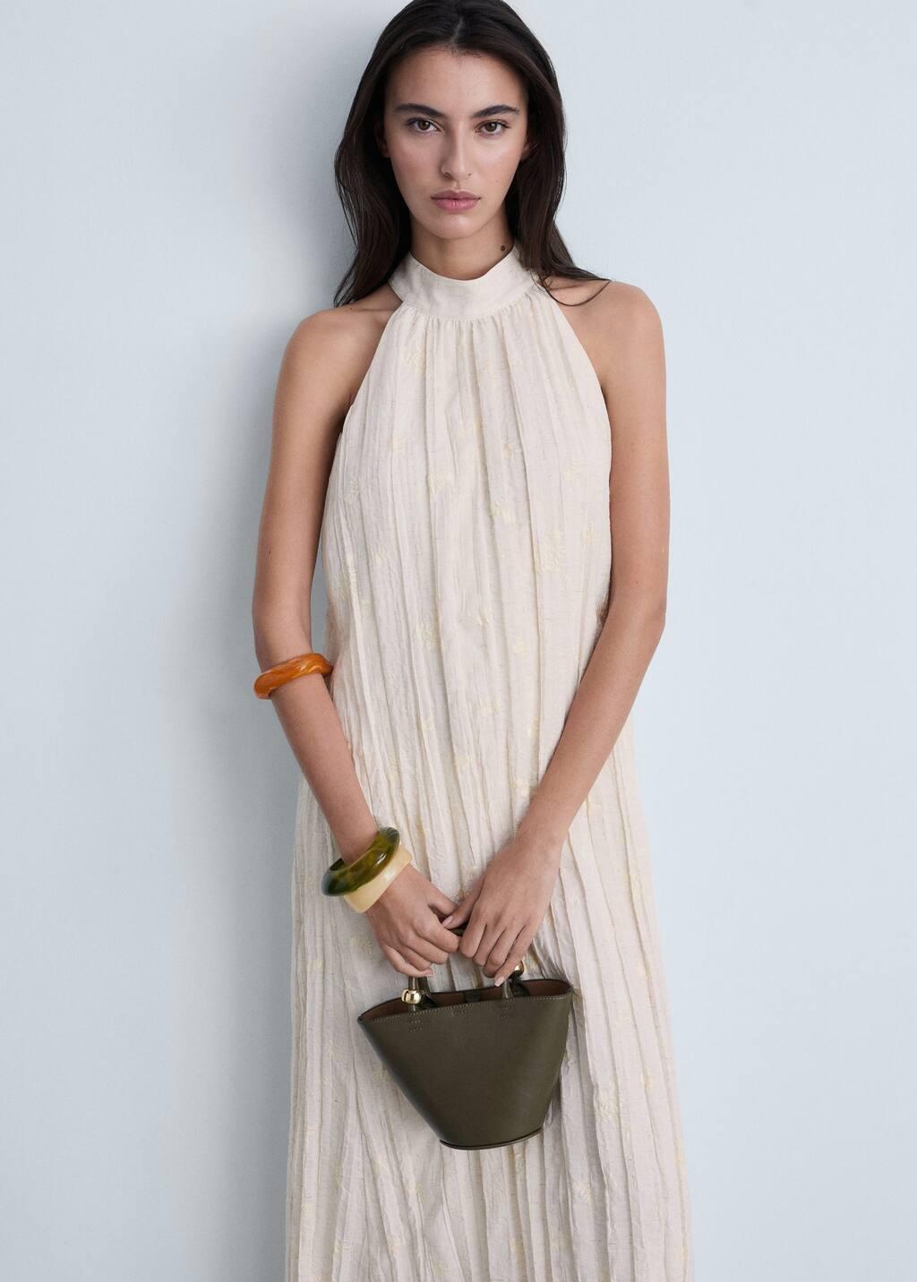 Brown Lt Pastel Embroidered Linen Blend Dress, , medium