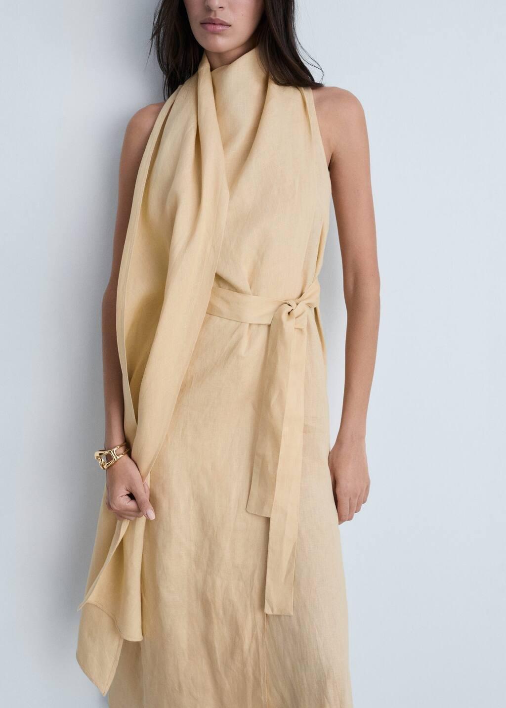 Brown Lt Pastel Belt Linen Dress, , medium