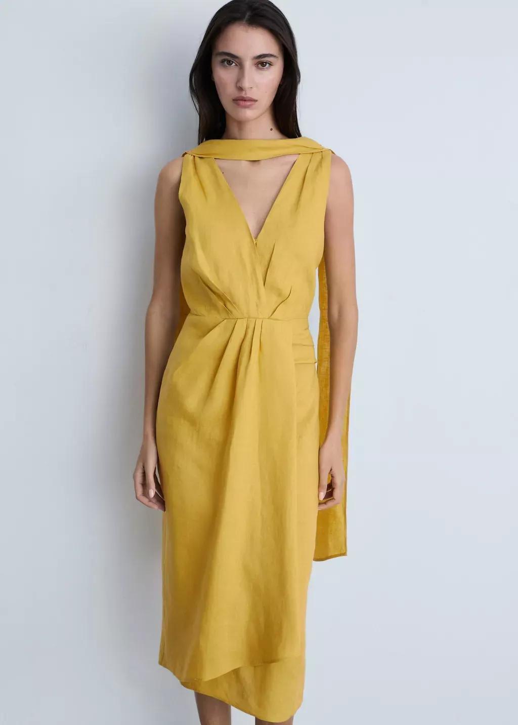 Yellow Linen Pleated Midi Dress, , medium