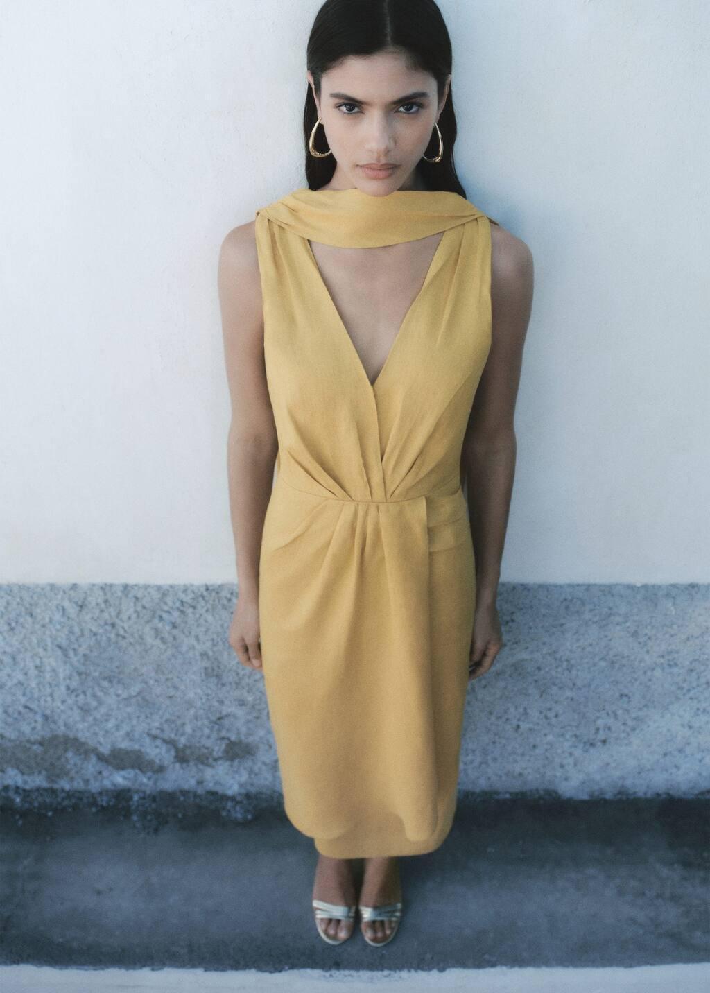 Yellow Linen Pleated Midi Dress, , large image number 3