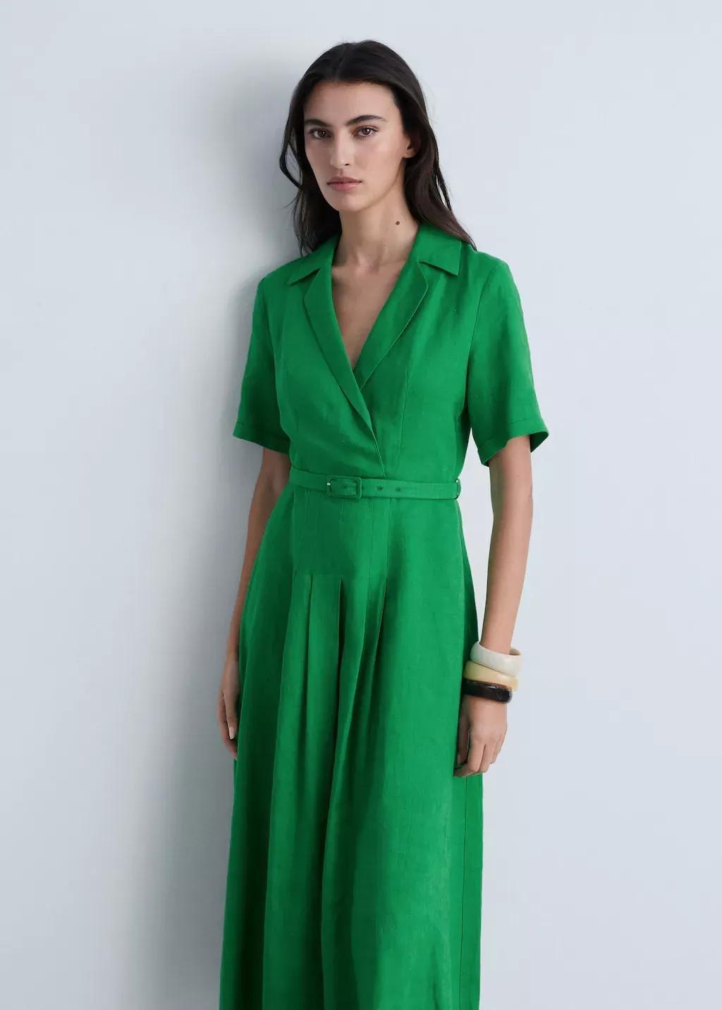 Green Belt Linen Dress, , medium