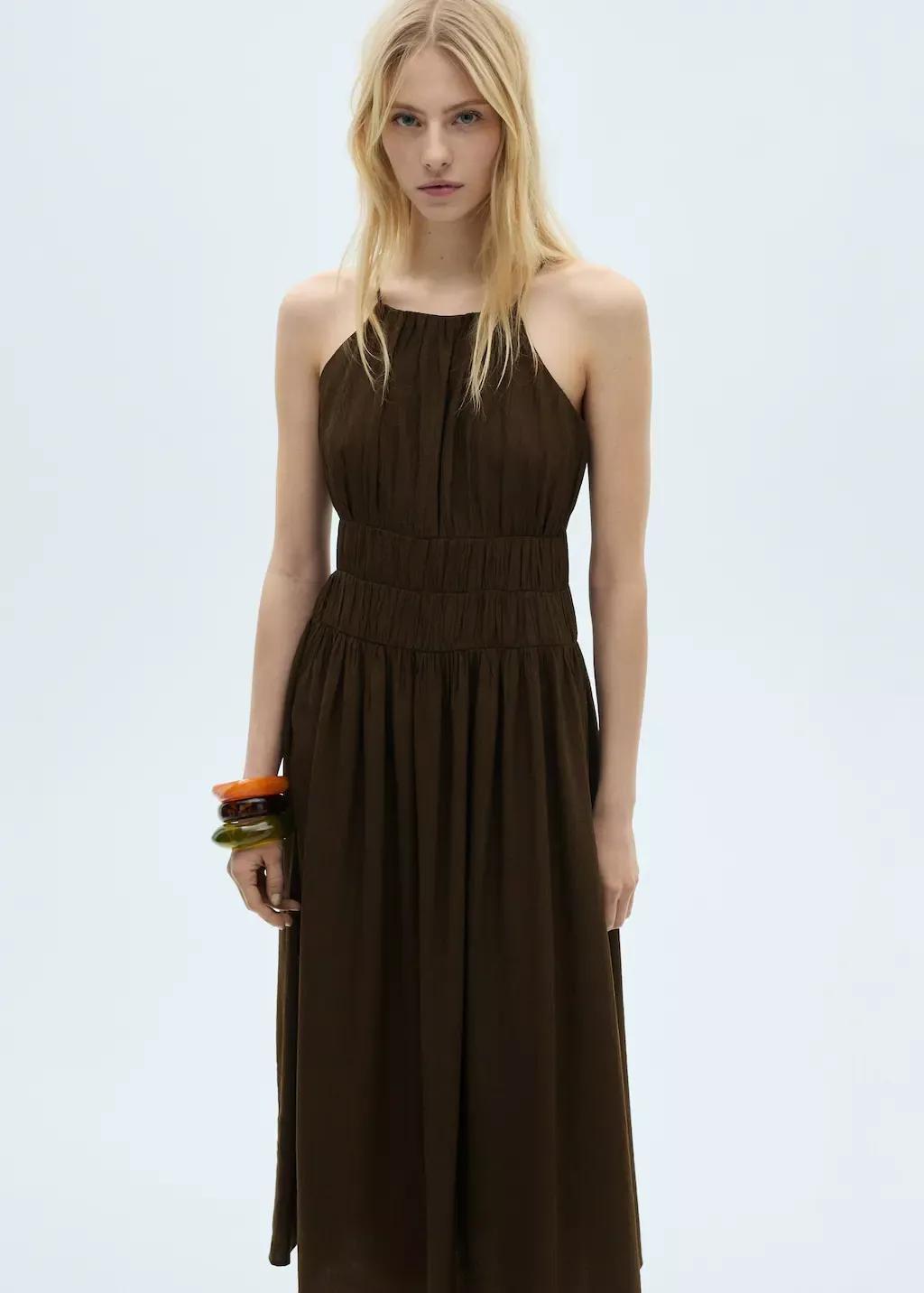 Brown Midi-Dress With Gathered Waist, , medium