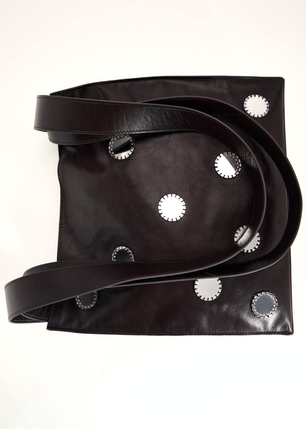 Reflective Embellishment Leather Shoulder Bag, Dark Brown, large image number 5