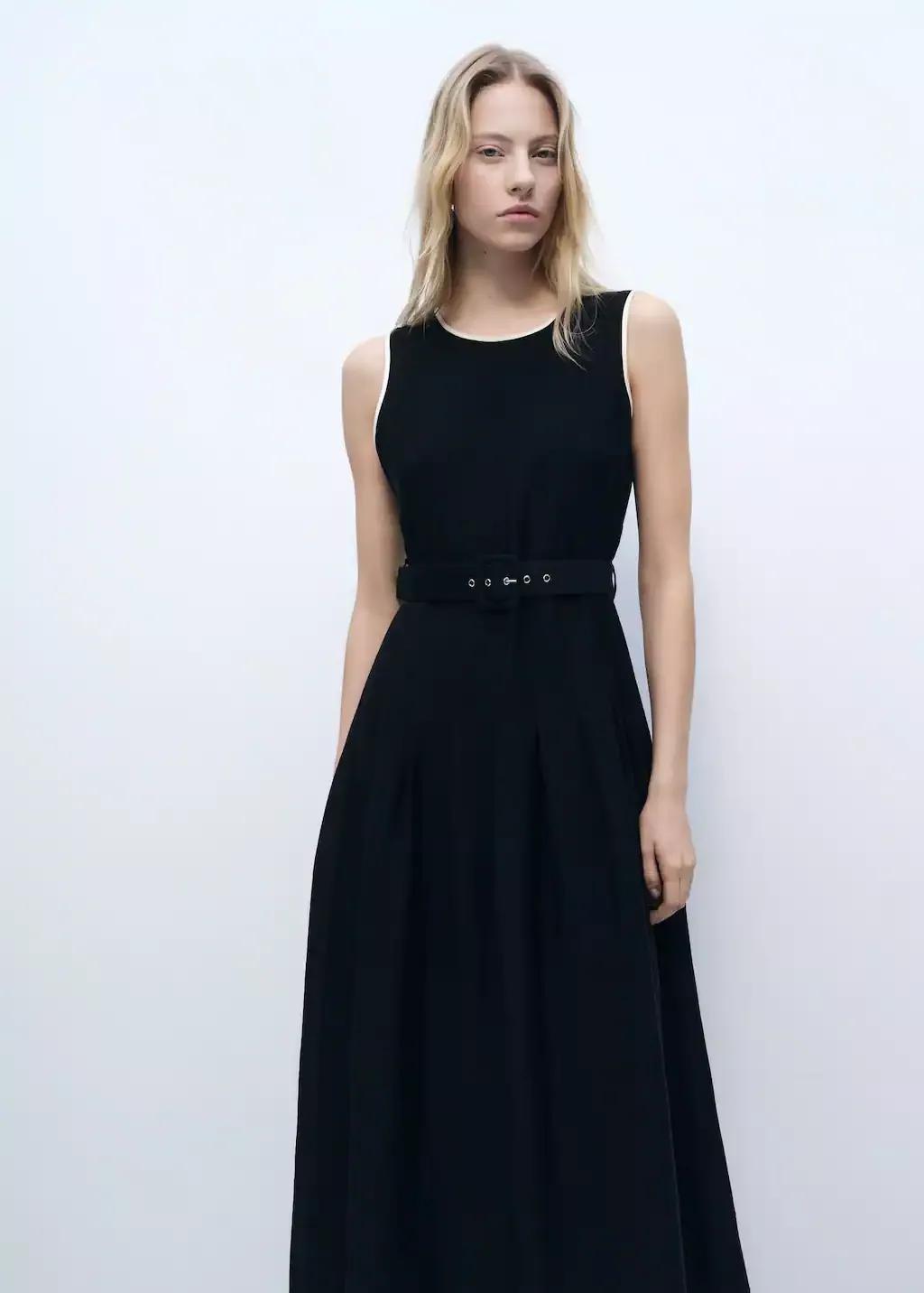 Black Flared Midi Dress With Belt, , medium