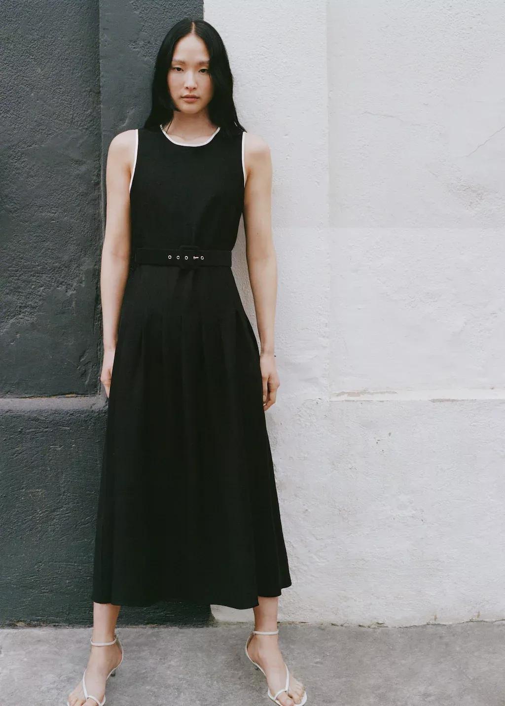 Black Flared Midi Dress With Belt, , large image number 5