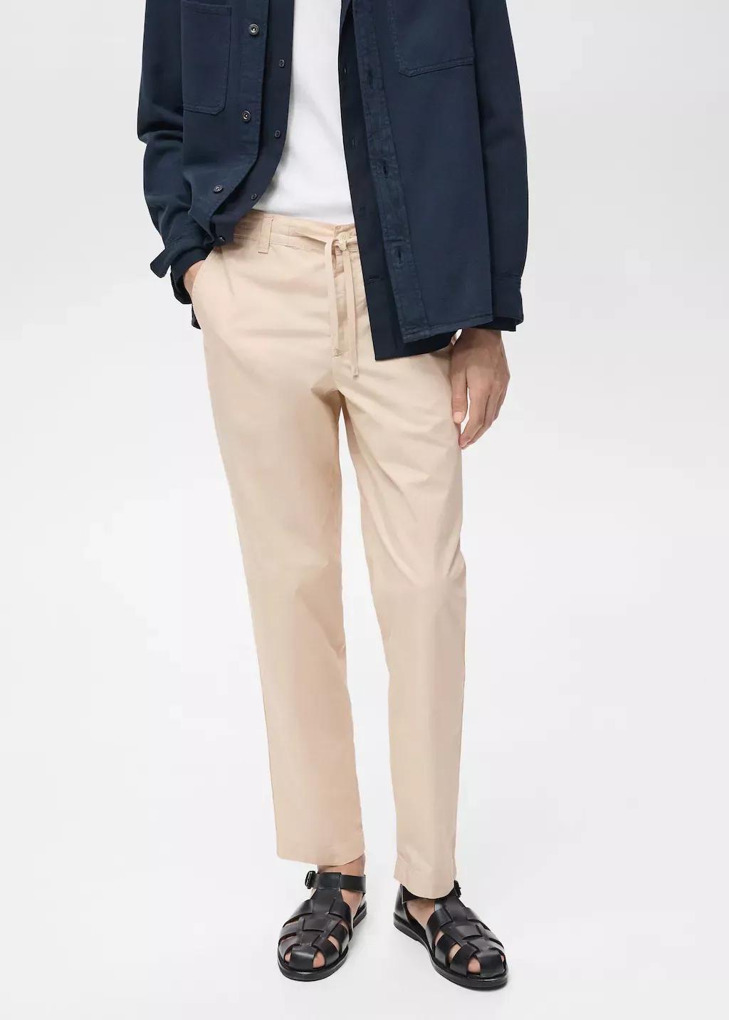 Beige Cotton Pants With Adjustable Drawstring, , large image number 0