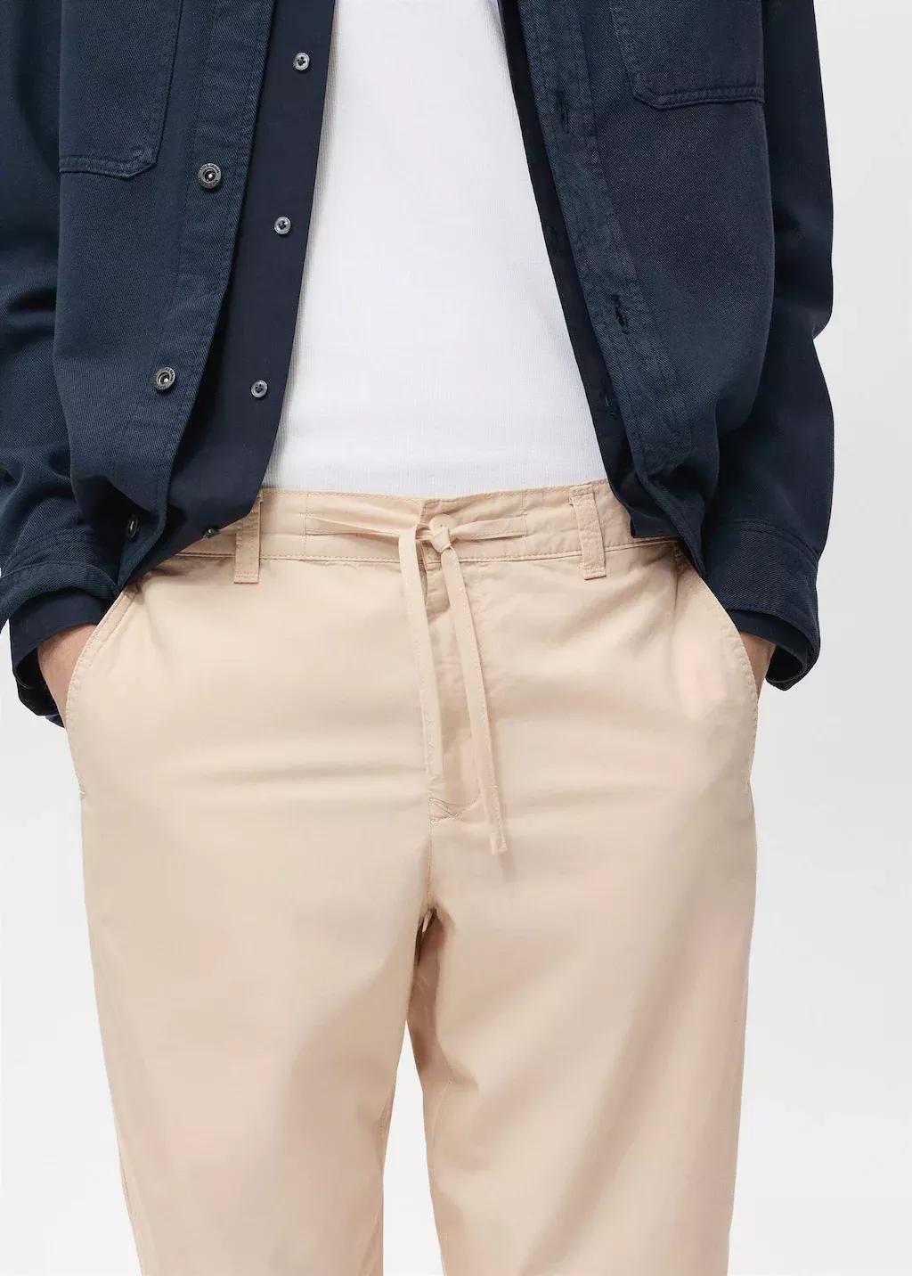 Beige Cotton Pants With Adjustable Drawstring, , large image number 1