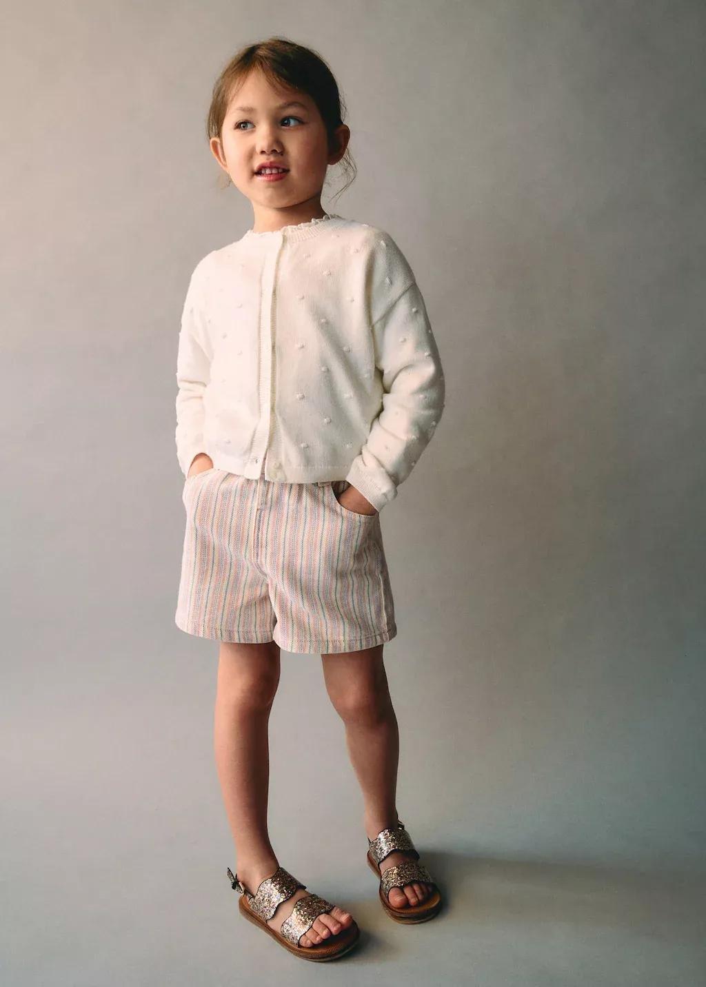 Beige Striped Denim Shorts, Baby Girl, , large image number 3