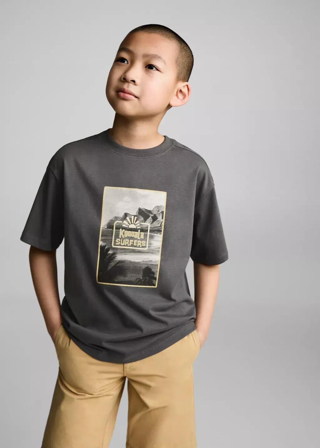 Grey Printed Cotton-Blend T-Shirt, Kids Boy, , medium
