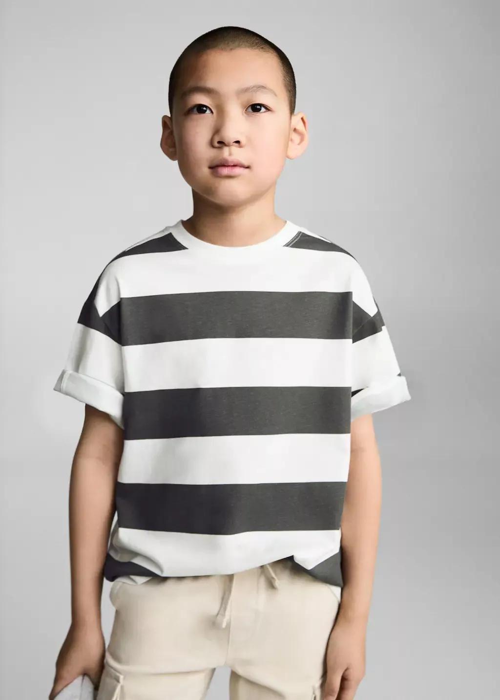 Grey Striped Cotton T-Shirt, Kids Boy, , large image number 0