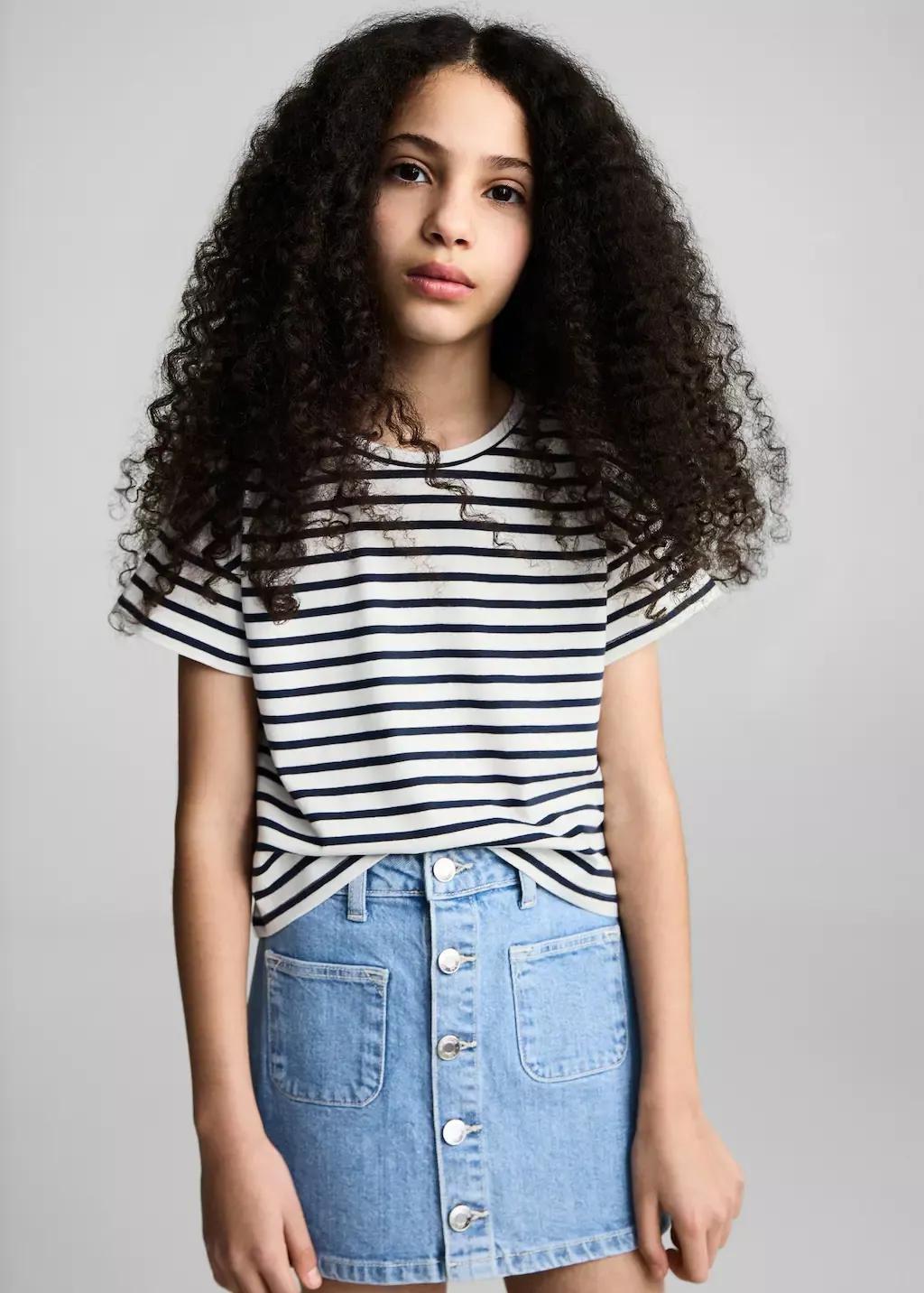 Navy Cotton T-Shirt With Shoulder Opening, Kids Girl, , medium