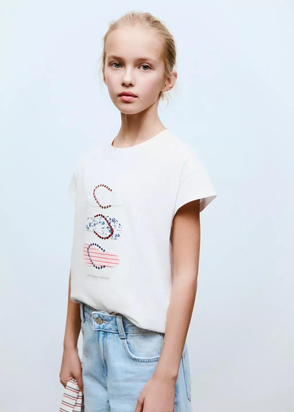 NATURAL WHITE Embroidered printed T-shirt, Kids Girl, , large image number 0