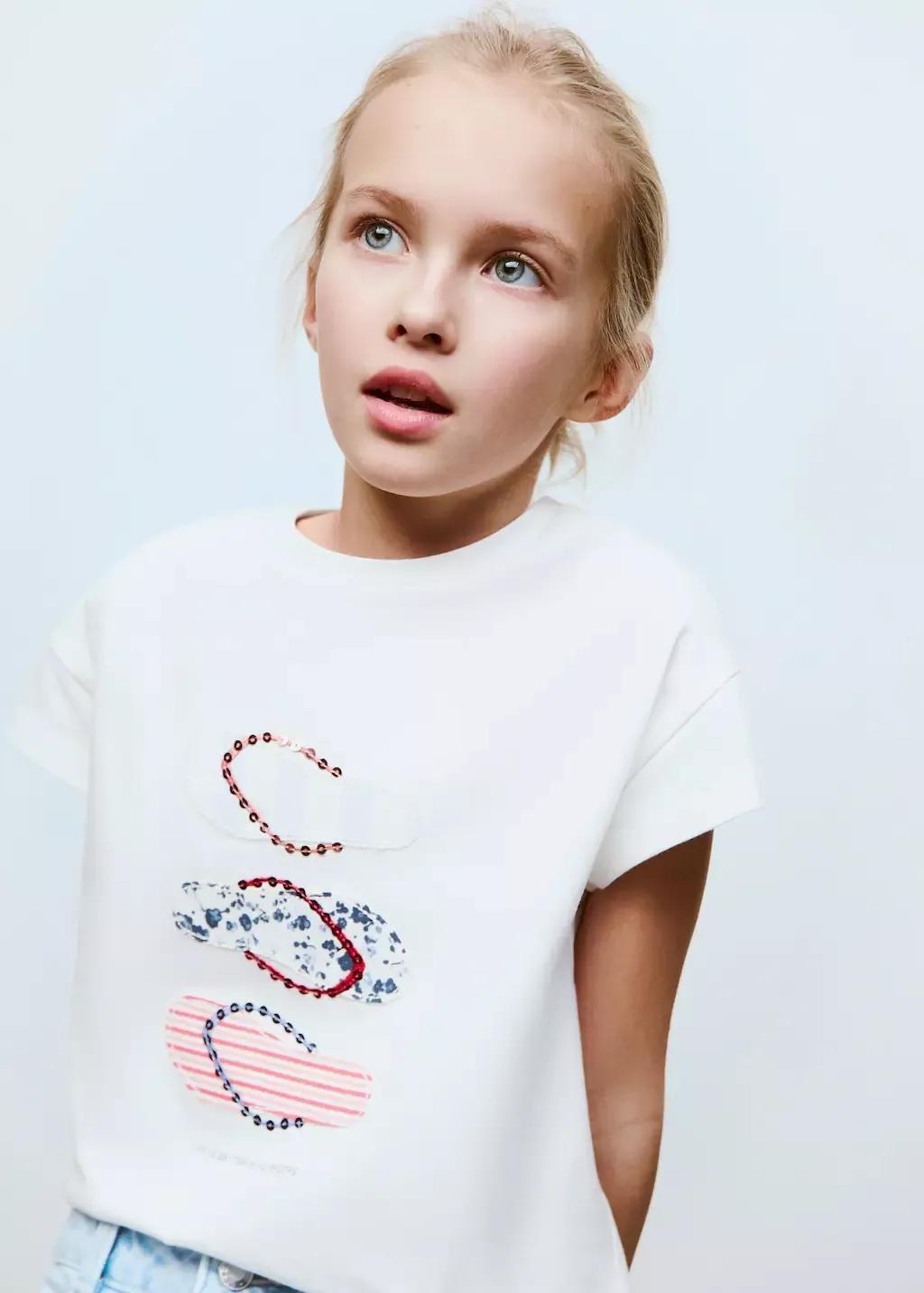 NATURAL WHITE Embroidered printed T-shirt, Kids Girl, , large image number 1