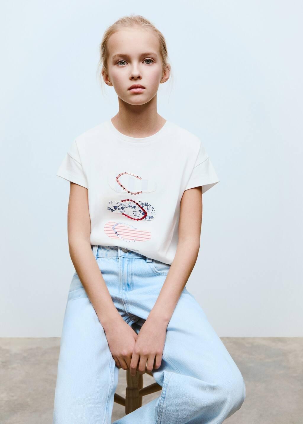 NATURAL WHITE Embroidered printed T-shirt, Kids Girl, , large image number 2