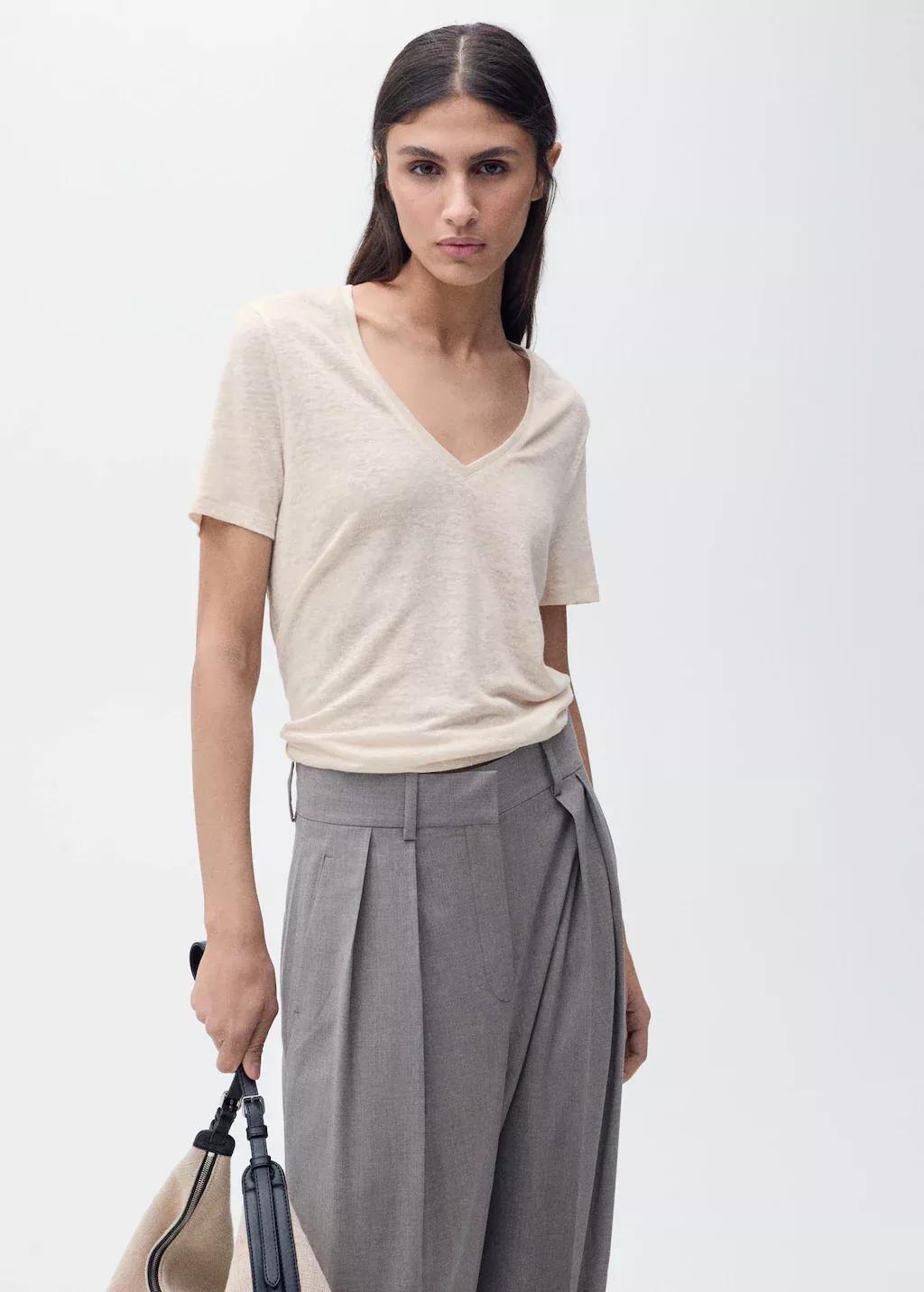 Beige V-Neck Linen T-Shirt, , medium