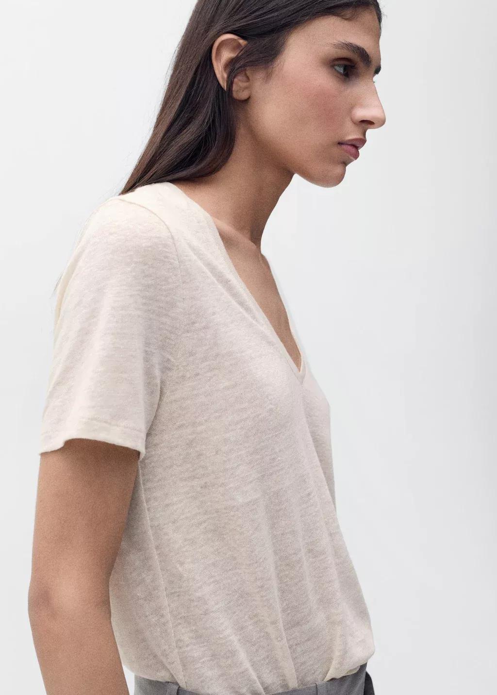 Beige V-Neck Linen T-Shirt, , large image number 1