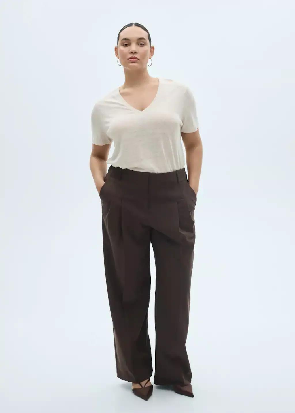 Beige V-Neck Linen T-Shirt, , large image number 2