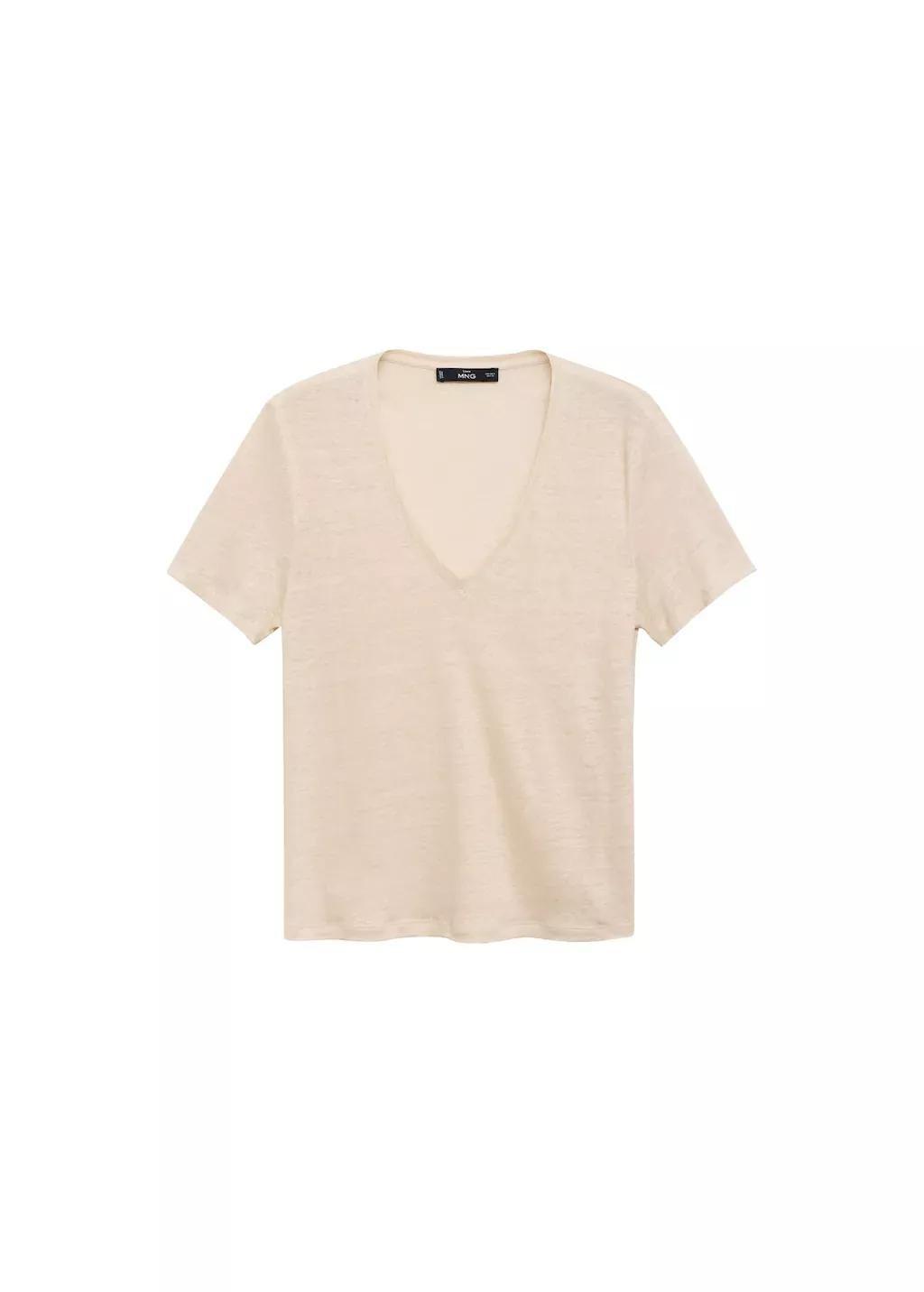 Beige V-Neck Linen T-Shirt, , large image number 3